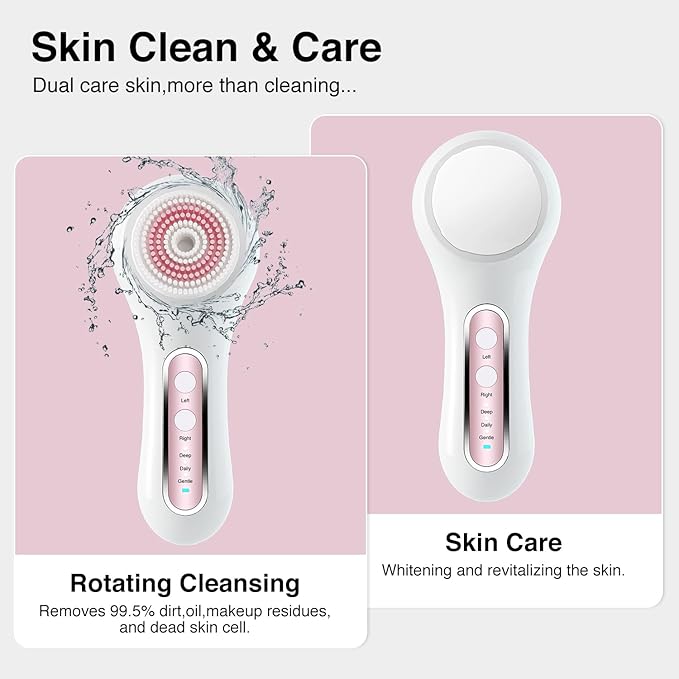 Electric Facial Cleansing Brush, 2-Way Rotating Face Scrubber for Daily & Deep Cleaning, 3 Modes, 5 Brush Heads, Rechargeable, IPX7 Waterproof for All Skin Types