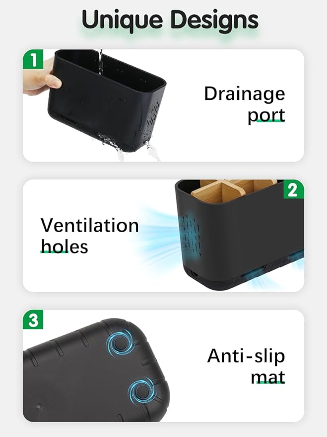 Black Toothbrush Holder, Bamboo Toothbrush and Toothpaste Holder with Drainage, Electric Kids Matte Black Toothbrush Holders Set Organizer for Bathrooms Countertop Accessories Storage