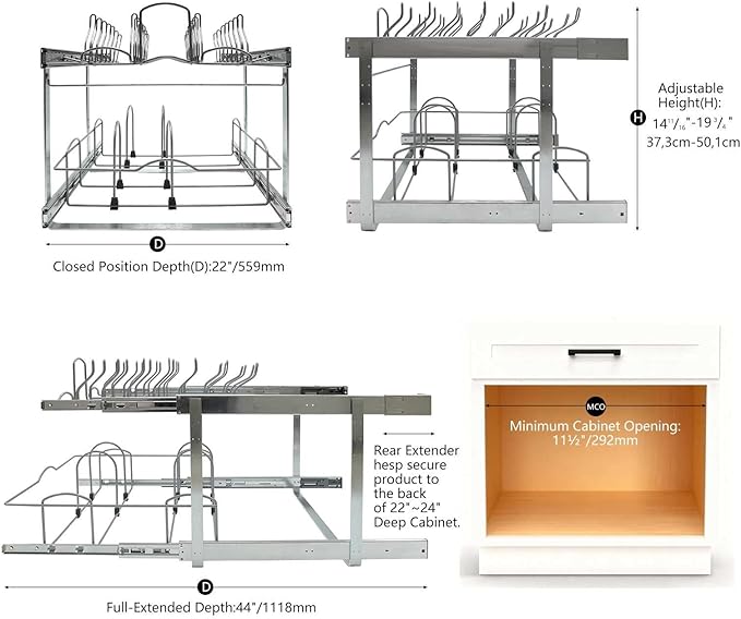 2 Tier Pull Out Pot and Pan Organizer,(20½"W x 22" D) Pull Out Cabinet Organizer for Pot Pan Lid Organization, Individual Pull Out Cabinet Organizer for 24 inch and above cabinet