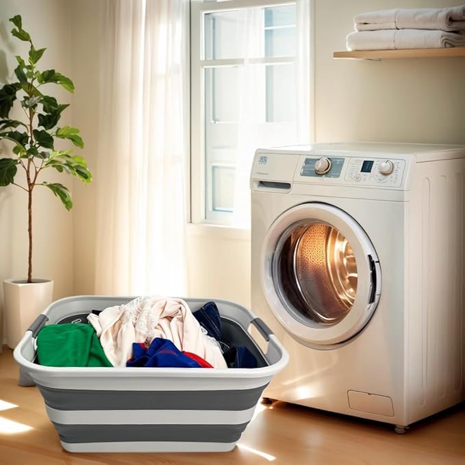 SMMART Collapsible Plastic Laundry Basket with Handle/Foldable Pop Up Storage Hamper/Portable Laundry Organizer-Space Saving Washing Tub/Household Storage Supplies (Grey/Steel Grey, 42L)