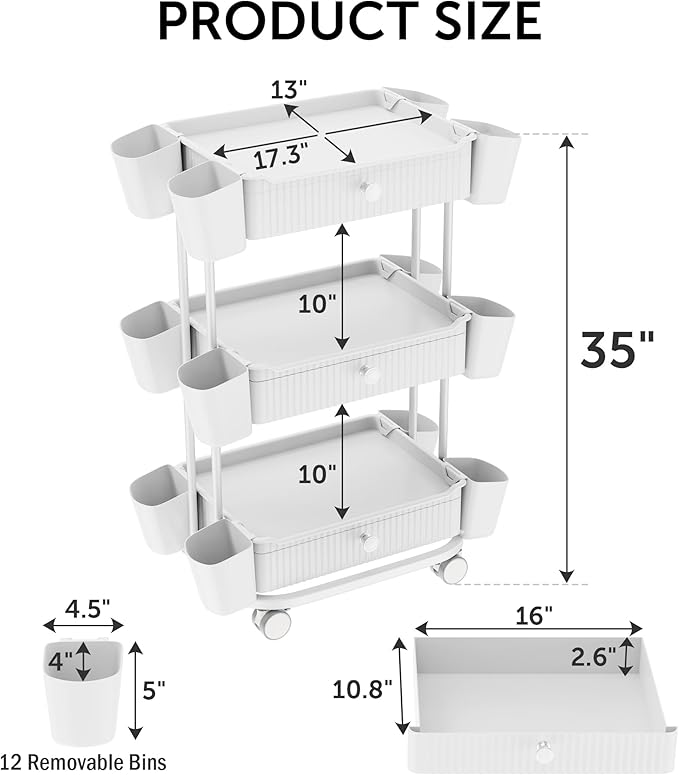 3 Tier Drawer Shelf Beauty Cart with 12 Movable Storage Organizer, Thickened Durable ABS, 360° Wheels for Salon Station for Hair Stylist, Beauty Salon, Spa Massage Parlor, Makeup Organizer - White