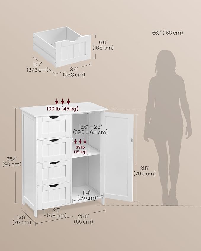VASAGLE Storage Cabinet with Drawers, Freestanding Floor Cabinet with Door, 13.8 x 25.6 x 35.4 Inches, Adjustable Shelf, for Bathroom, Living Room, Kitchen, Cloud White ULHC042WH01S