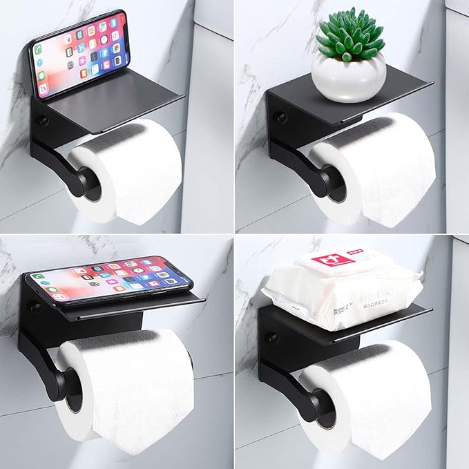 Toilet Paper Holder with Phone Shelf, Self Adhesive Aluminum Tissue Roll Dispenser for Mega Roll, Wall Mounted Toilet Paper Roll Holder for Bathroom, Matte Black