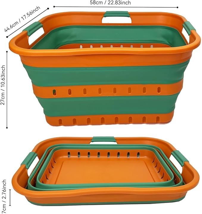 SAMMART 42L (11 gallons) Set of 2 Plastic Foldable Storage Basket/Container - Collapsible, Space Saving and Portable Laundry Hamper, Ideal for Home, Travel, Dorm (2, Autumn Leaf/Forest Green)