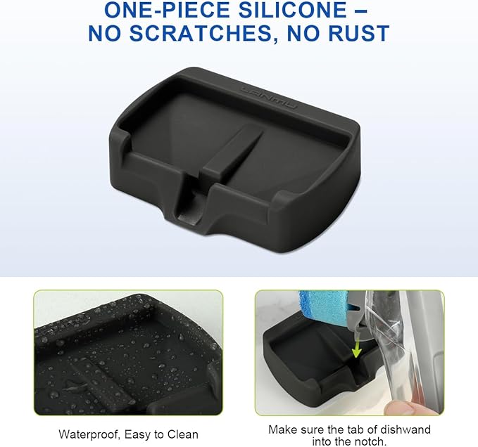 LANMU Self-Adhesive Dish Wand Holder Compatible with Scotch Brite Dishwand, Silicone Dish Brush Holder for Kitchen Sink Caddy, Soap Wand Organizer with Drain Spout (Black)