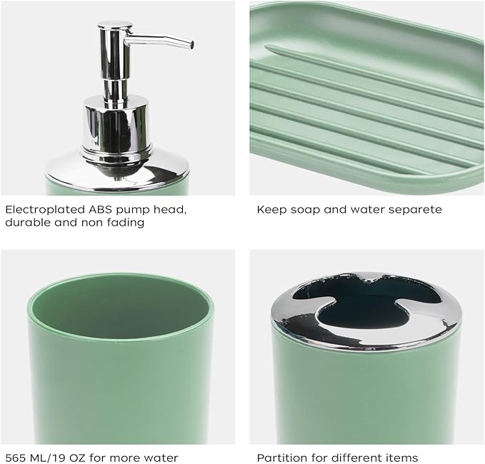 4 Pcs Sage Green Bathroom Accessories Set,Bohemian Bathroom Toothbrush Holder Set.Include Soap Dispenser, Soap Dish, Toothbrush Holder, Mouthwash Cup, Modern Bahtroom Decor Set