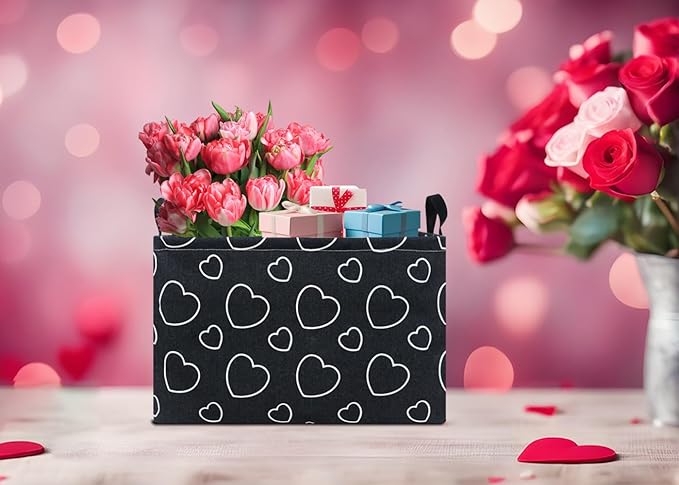 Rectangular Black Storage Basket Empty,Collapsible Gift Basket with Handles,Heart Print Basket for Kids Toys/Books Box,Room Decor(Black Love)