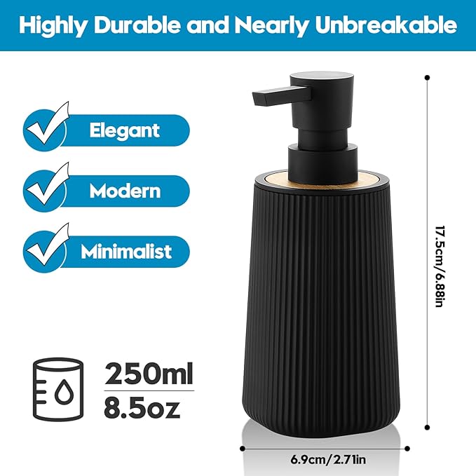 Small Soap Dispenser for Bathroom and Kitchen, Modern Farmhouse Striped Style Plastic Hand Soap Dish Soap Dispenser with Bamboo Decor Black