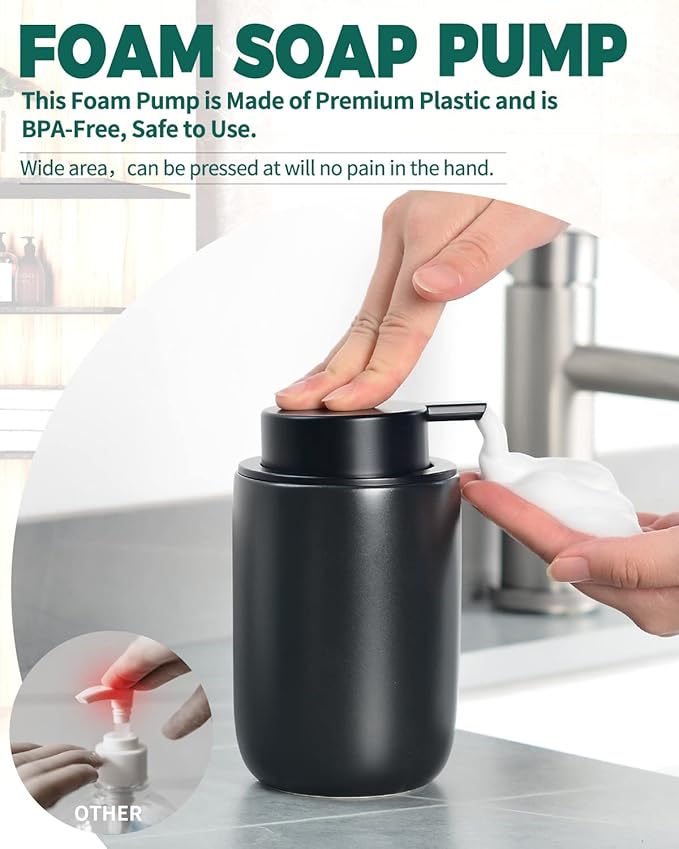 BosilunLife Black Foam Soap Dispenser - Ceramic Foaming Hand Wash Dispenser for Bathroom Modern Farmhouse Small Soap Dispenser Lotion Hand Pump Dispenser for Kitchen Sink