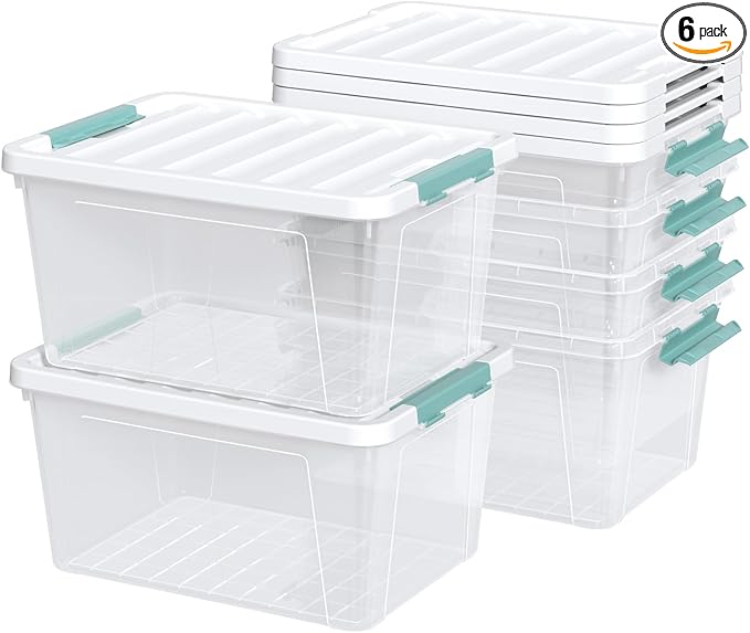 Haodehen 6-Pack Clear Plastic Storage Bins with Lids, 35 Quart Latch Storage Box