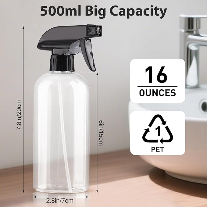 Bynccea Plastic Spray Bottles 2 Pack Clear Empty Spray Bottle 16oz 500ml Squirt Bottle Sprayer for Hair, Cleaning, Plants