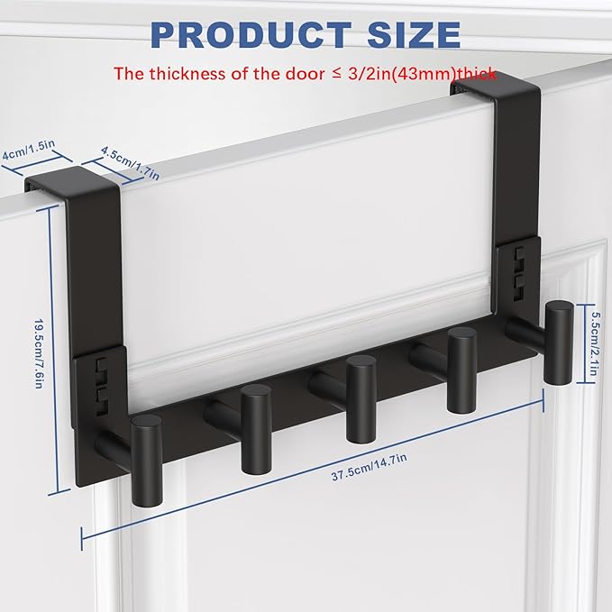 WUIVIUT Over The Door Hooks Door Hanger for Hanging, Heavy Duty Rack Bathroom Hook for Clothes, Coat (5 Hook, Fits 1-3/4'' Thick)