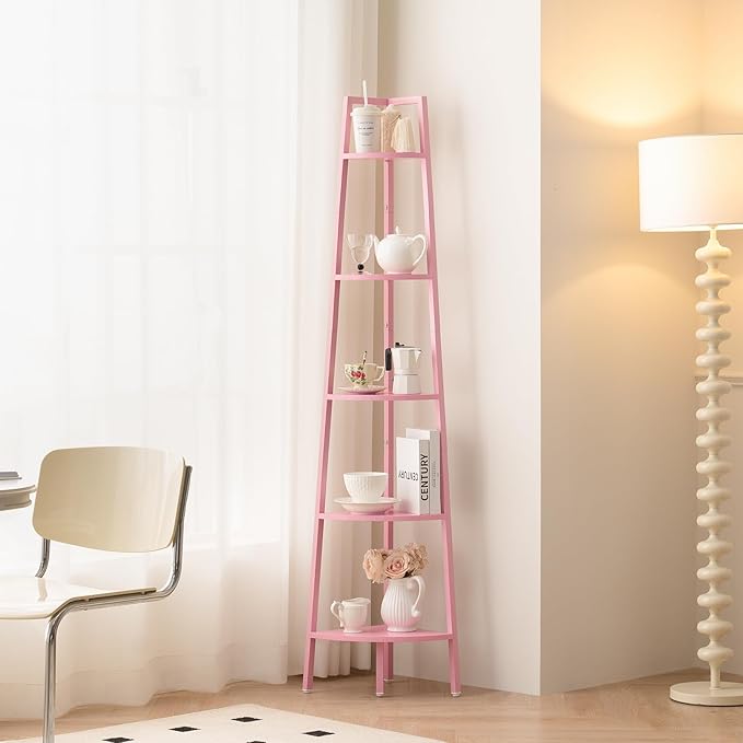 Yoobure Corner Shelf, 5-Tier Corner Bookshelf with Metal Frame, Ladder Corner Shelves Display Shelf for Bedroom Living Room, Tall Corner Bookcase Corner Plant Stand, Wood Small Corner Shelf Stand Home