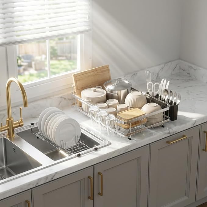 GSlife Large Capacity Expandable Dish Drying Rack with Absorbent Mat, 2-Piece Stainless Steel Dish Drainer Set for Counter with Removable Over Sink Rack, Family Size 16.5"-21.5" L x 15" W, Silver