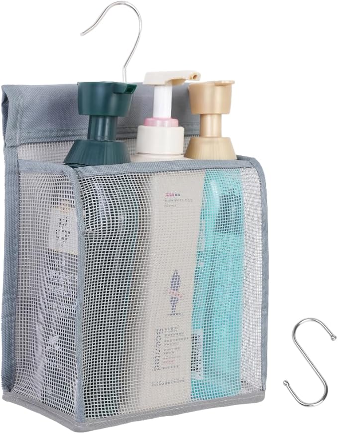 ALYER Hanging Mesh Shower Caddy Organizer Bathroom Storage Bag with Hooks for College Dorm, Gym, Swimming,RV and Travel,Gray