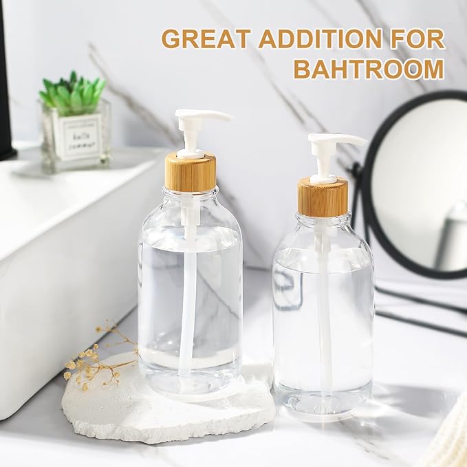 Clear Soap Dispenser, 2 Pack Plastic Dish Soap Dispenser for Kitchen, 17 Fl Oz Bathroom Hand Soap and Lotion Dispensers Set with Bamboo Pump, Refillable Liquid Soap Bottles