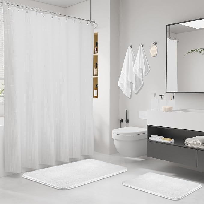 White Bathroom Set, White Bathroom Accessories Set with Shower Curtain and Rugs, Bath Towel Set, Natural Loofah Sponge, Soap Dispenser, Toothbrush Holder, Bathroom Tumbler and Tray for Bathroom