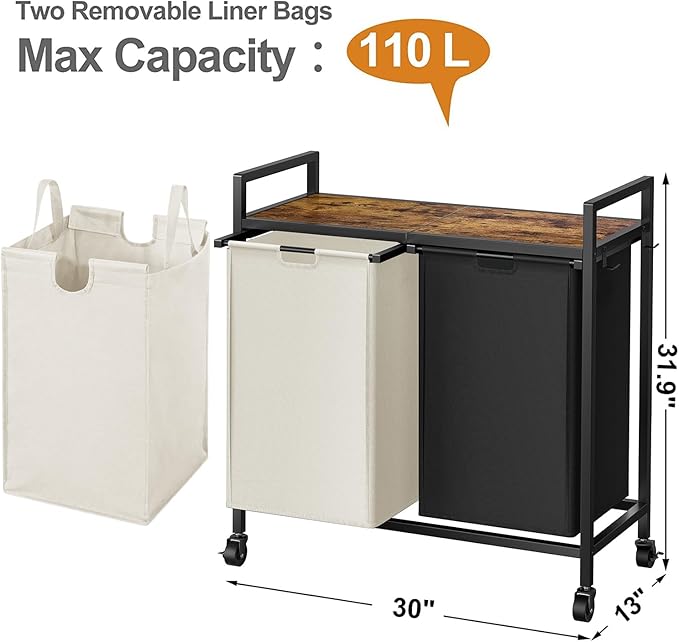 WOWLIVE Double Laundry Hamper with Lid,Rolling Laundry Basket Organizer with Wheels, Iron-Made Laundry Sorter with Top Shelf and 2 Removable Bags,Large Clothes Storage for Room,Black and Beige