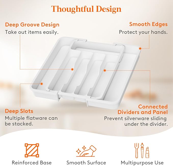Lifewit Silverware Drawer Organizer, Expandable Utensil Tray for Kitchen, BPA Free Flatware and Cutlery Holder, Adjustable Plastic Storage for Spoons Forks Knives, 8.9-14.7 x 12.2", White