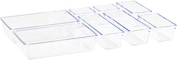 Mind Reader 8-Piece Drawer Organizer Set, Storage Trays for Kitchen, Bathroom, Office, Makeup, Jewelry & More, Junk Drawer Tray, Utensil Holder, Plastic, Clear