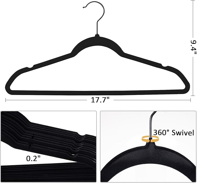 Pack of 30 Velvet Hangers, Space-Saving Heavy Duty Clothes Hangers for Suit, Non-Slip, 0.2 Inches Slim, 17.7 Inches Wide, 360° Swivel Black Hook - Black