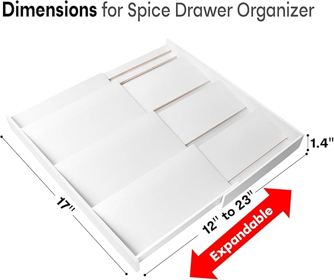 Bamboo Spice Drawer Organizer, (Need 3.1” Deep Drawer) Expandable 4 Tier Spice Rack for Cabinet (From 12" to 23" Wide), Seasoning Storage Insert, Spice Organizer for Drawer,Jars Not Included