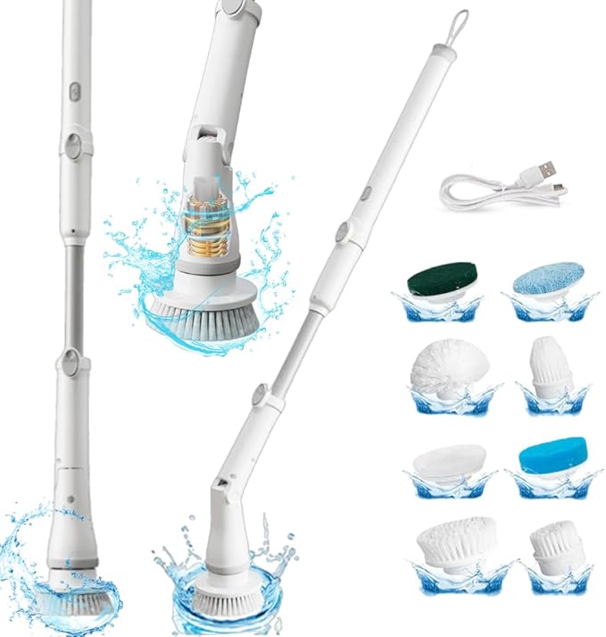 Electric Spin Scrubber Cordless – High-Power Bathroom & Shower Cleaner with Long Handle, 8 Replaceable Heads, Dual Speed (350/420 RPM), 200-Minute Battery Life for Tile, Floor, and Grout Cleaning