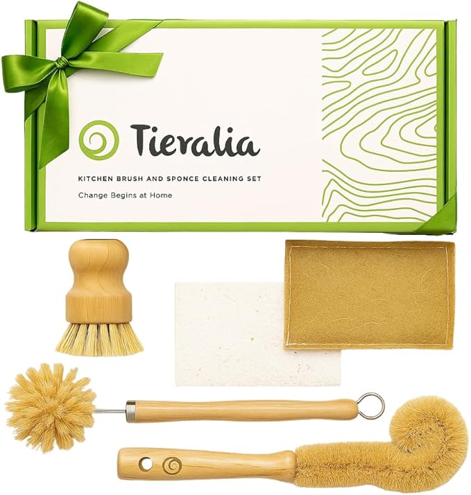 Tieralia Bamboo Dish Brush Gift Set – 5-Piece Kitchen Cleaning Set with Bottle Brush, Round Scrub Brush, Palm Brush & 2 Plant-Based Sponges | Wooden Handle Cleaning Tools for Dishes & Surfaces