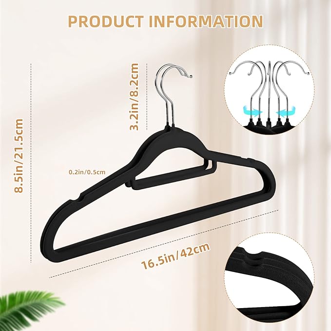 Velvet Non-Slip Hangers, Heavy-Duty Suit Hangers with 360° Swivel Hook for Space-Saving Storage - 20 Pack, Black