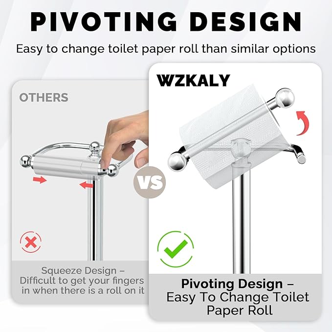 WZKALY Toilet Paper Holder Stand, Polished Chrome Toilet Paper Holder Free Standing, Post Pivoting Design & Stable Weighted Base SUS304 Stainless Steel for Bathroom(Mega Roll)