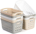 DEAYOU 9 Pack Plastic Storage Basket, Small Pantry Organizer Basket Bins, Rectangular Storage Tray Baskets Container with Handle for Shelf, Bathroom, Household, Desktop (Beige, White, Gray)