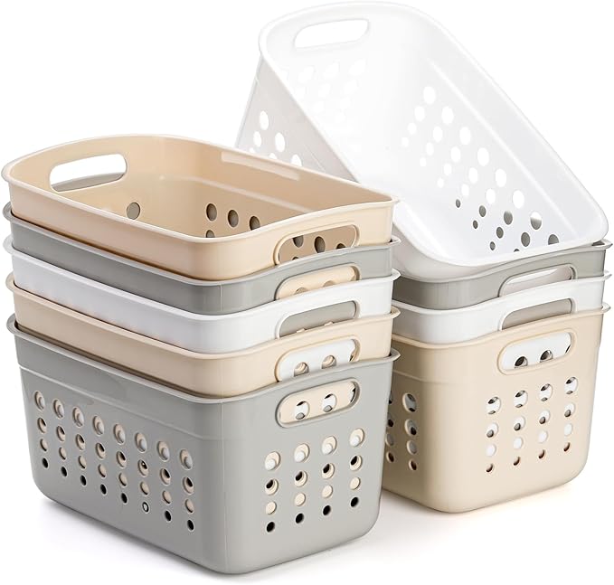 DEAYOU 9 Pack Plastic Storage Basket, Small Pantry Organizer Basket Bins, Rectangular Storage Tray Baskets Container with Handle for Shelf, Bathroom, Household, Desktop (Beige, White, Gray)