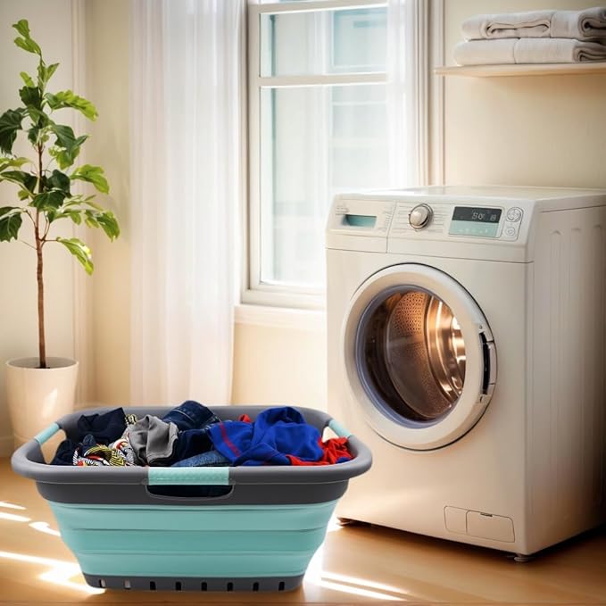 SAMMART 41L Collapsible Plastic Laundry Basket - Foldable Pop Up Storage Container/Organizer - Portable Washing Tub - Space Saving Hamper/Basket (3 handled rectangular, Medium Grey/Lake Green)
