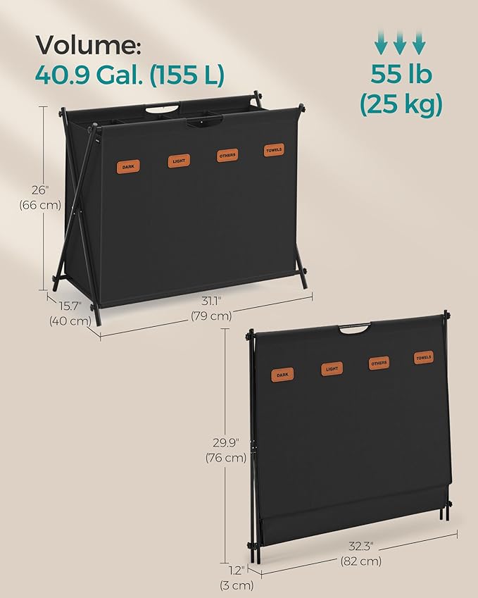 SONGMICS Laundry Hamper, Laundry Basket, 40.9 Gal. Laundry Sorter 4 Sections, Collapsible X-Frame, Clothes Organizer with Customizable Labels, Laundry Room, Bedroom, Bathroom, Ink Black ULCB140B01