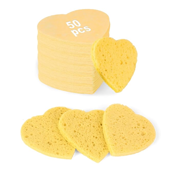 50-Count Heart Shape Compressed Facial Sponges,100% Natural Cellulose Face Sponge Spa Sponges for Removing Dead Skin, Dirt and Makeup(Yellow)