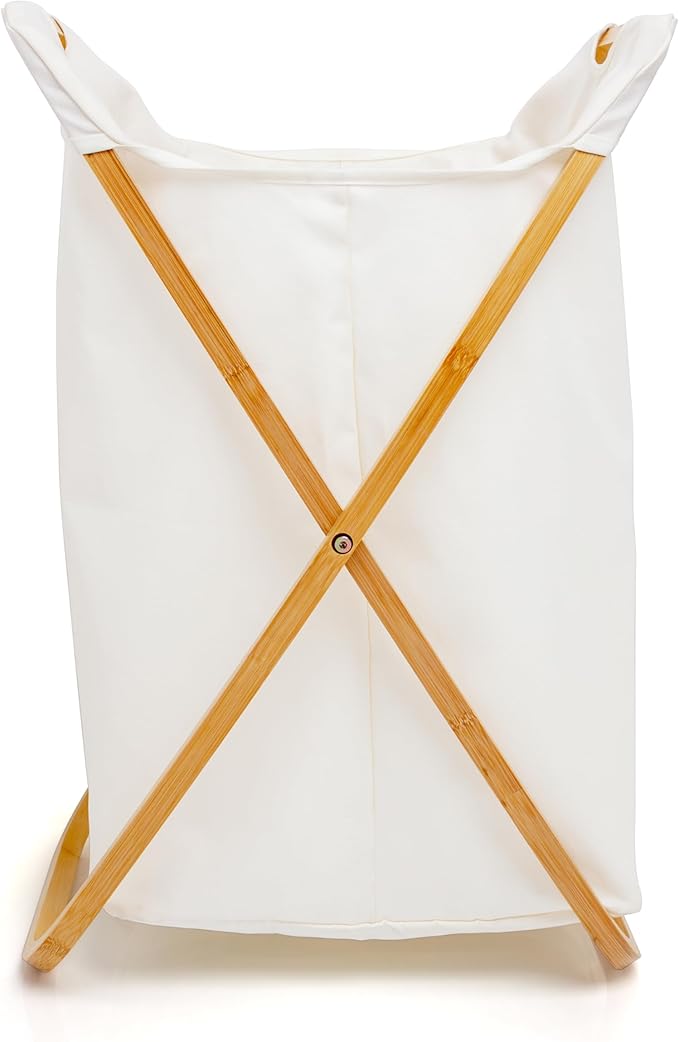 QUALIAZERO 72L Bamboo X-Frame Laundry Hamper – Foldable Single Section Clothes Basket with Removable Bag & Bottom Handle, Ideal for Bathroom, Bedroom, or Dorm (FEATHER CREAM, X-FRAME)