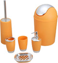 Bathroom Accessories Set, 6-Piece Plastic Gift Set, Toothbrush Holder, Toothbrush Cup, Soap Dispenser, Soap Dish, Toilet Brush Holder, Trash Can (Orang)