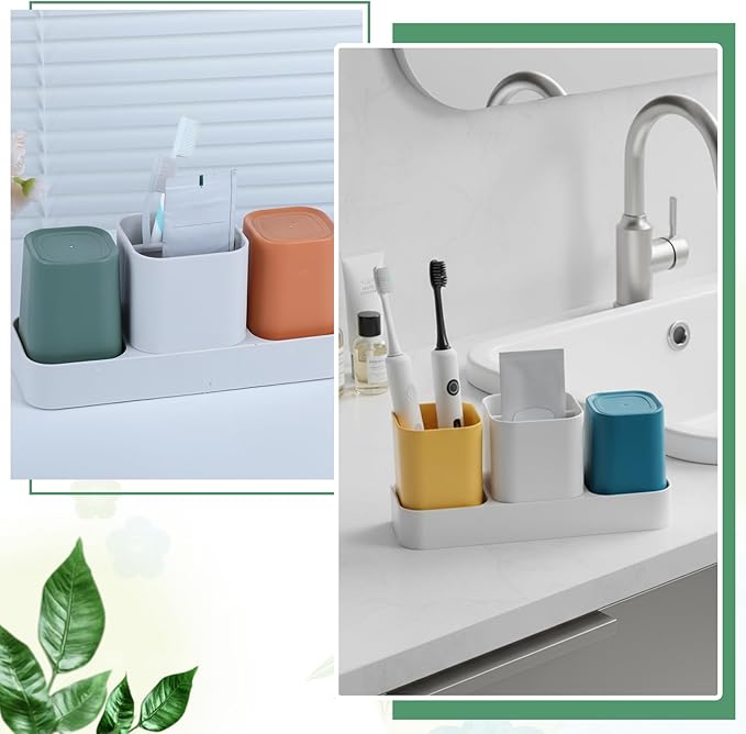 2 Set of Toothbrush Holder for Bathroom, Bathroom Organizer Storage Set with 2 Cups, Electric Toothbrush Toothpaste Holder and Bathroom Accessories Storage, Orange + Green and Blue + Yellow