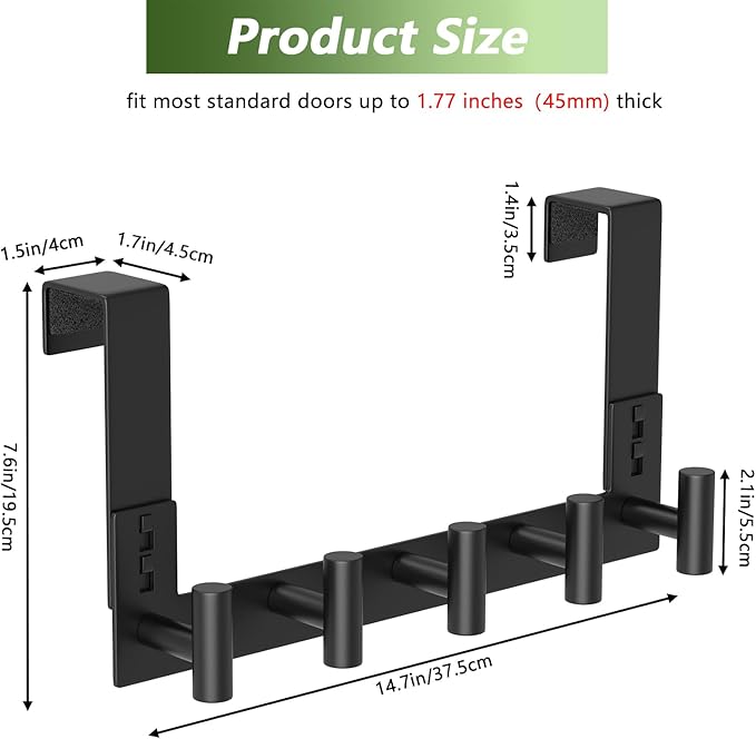 VINHOLD Stainless Steel Over Door Hooks, Over Door Hanger Holder for Robe Cloths, Heavy Duty Towel Hooks, Coat Rack, Doors Organizer for Bathroom, Bedroom, Locker Room & Closet (1 Pack, Black)