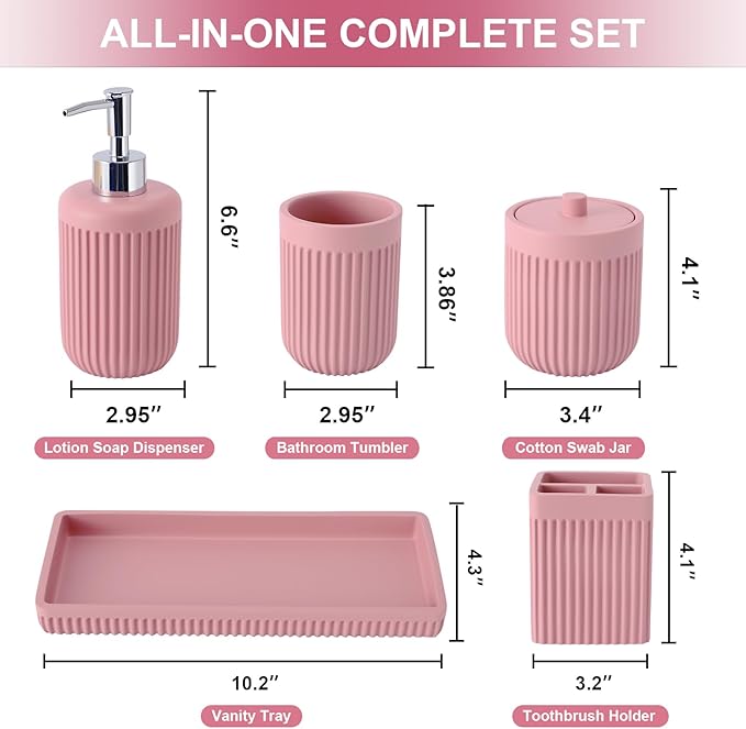 Resin Pink Bathroom Accessories Set 5 Pcs, Lotion Soap Dispenser, Toothbrush Holder, Bathroom Tumbler, Qtip Holder and Vanity Tray, Bathroom Countertop Organizer Set for Modern Home Apartment