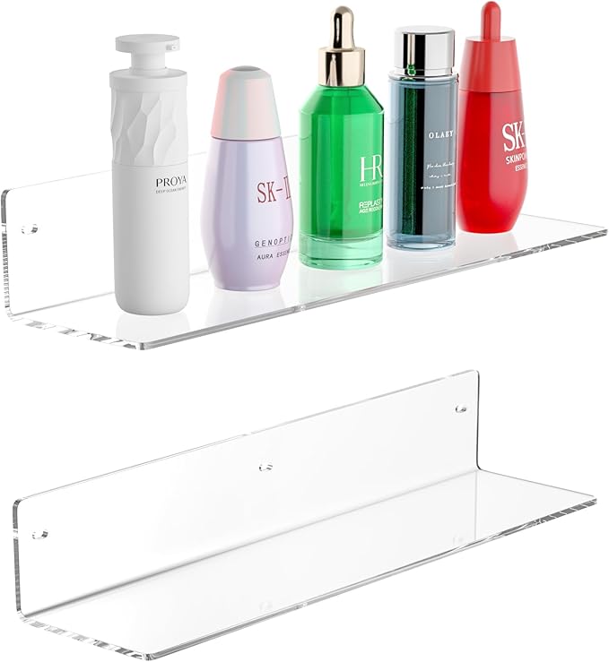 16 Inches Clear Acrylic Shelves, Wall Mounted Organizer Shelves for Bedroom, Clear Wall Storage Shelves for Cosmetics, Skincare, Router, Doll, Toiletries, Helmets, 2 Pack