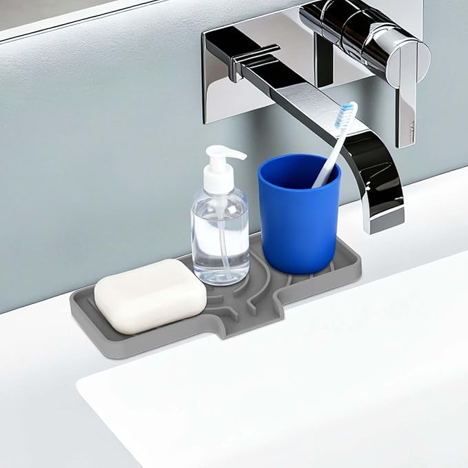 Silicone Sponge Holder for Kitchen Sink With Drain Spout, Self Draining, 10×4 inch Kitchen Soap Tray, Bathroom Organizer, Sink Caddy, Perfect for Dispenser, Scrubber, Bottle, Cup on Counter (Gray)