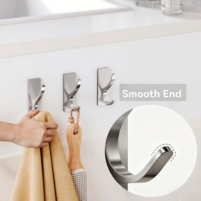 pickpiff Self Adhesive Coat Hooks for Hanging: Heavy Duty Stainless Wall Hook for Towel, Utensil, Backpack, Hat, Sturdy Metal Hanger for Bathroom, Kitchen, Door, Brushed Nickel 10 Pack