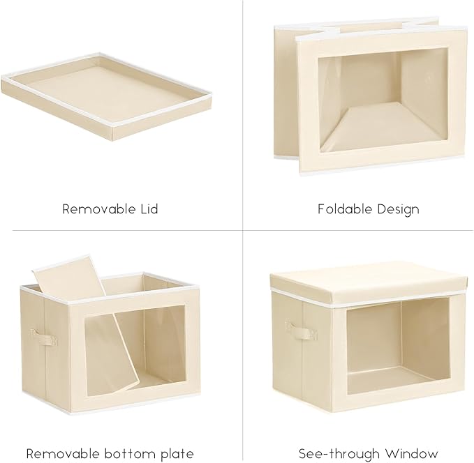Storage Bins with Lids - Small Fabric Organizers with Window, Collapsible Storage Bins for Clothes, Decorative Closet Organizers for Towels, Tshirt, 4 Pack, Beige