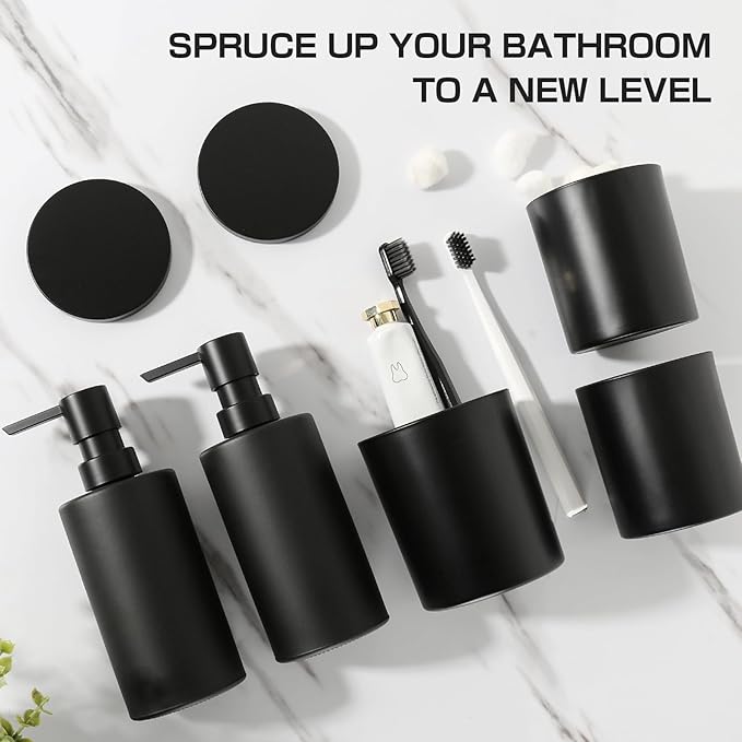 Matte Black Bathroom Accessories Set, 5 Pcs Bathroom Accessories Set, Glass Soap Dispenser and Toothbrush Holder Set, Qtip Holder and Cotton Ball Holder, Modern Bathroom Decor Sets