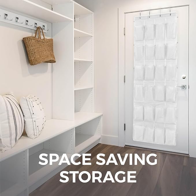 HOME GENIE Over the Door Hanging Shoe Organizer, 24 Breathable Mesh Pockets, Closet Rack Storage Holder, Stay in Place Hooks Hang on Closets, Hanger Holds Up to 40 lbs for Shoes, Accessories, White