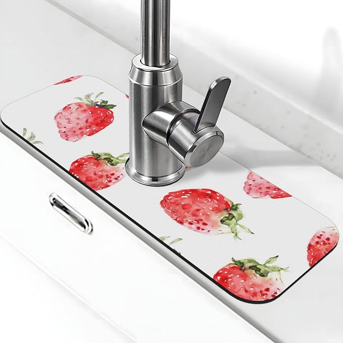 Faucet Draining Mat For Kitchen Sink, Watercolor Strawberries Diatom Mud Absorbent Drain Pad For Bathroom Kitchen Sink Splash Guard Drying Mat