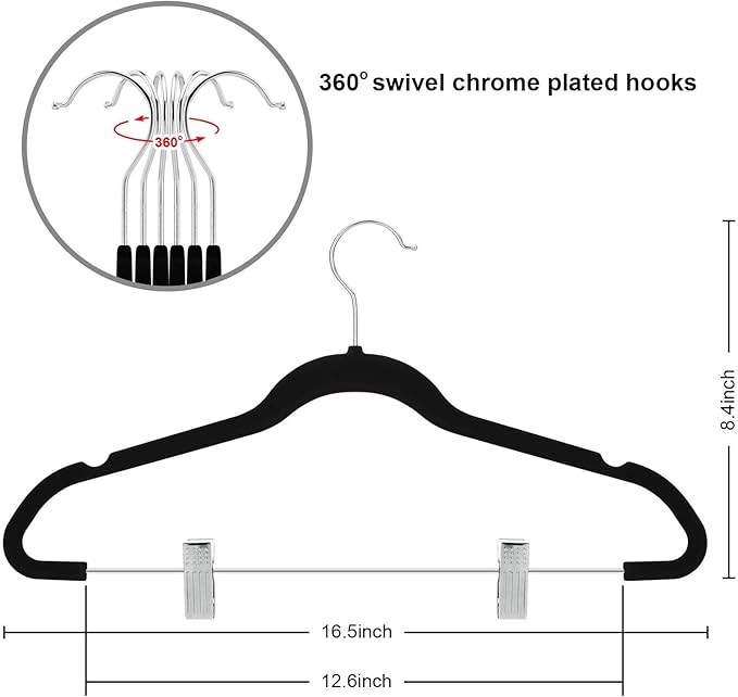 TIMMY Premium Black Velvet Hangers with Clips - 30 Pack Closet Organizers for Jeans, Trousers, Skirts | Rust-Resistant Metal Hooks, Space Saving Design for Wardrobe Storage