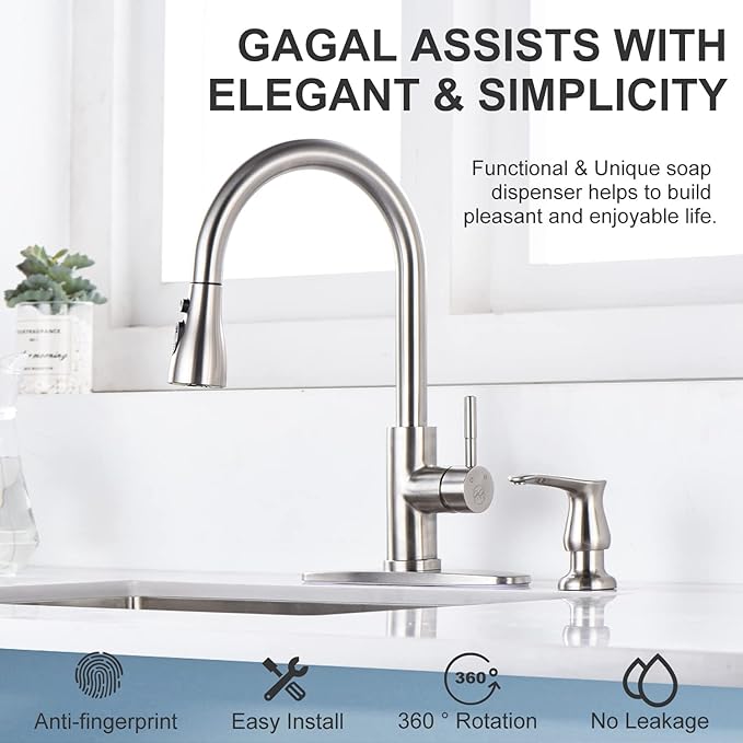 GAGALIFE Kitchen Sink Soap Dispenser - Brushed Nickel Built in Soap Dispenser with 17 OZ Bottle, Lotion Dispenser for Kitchen Sink, Refill from The Top