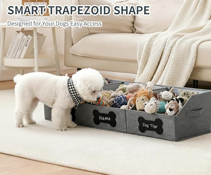 Qozary Large Dog Toy Basket with Diy Tag - Collapsible Dog Toy Bin, Fabric Personalized Pet Toy Box, Trapezoid Storage and Organizer for Pet Supplies